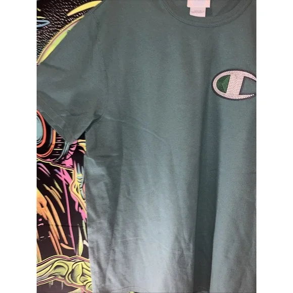 Champion Mens Shirt L Green Big‎ Logo Floss Stich Short Sleeve Embroidered - Picture 4 of 6